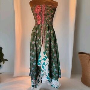 Strapless Green & Pink Floral Layered Midi Dress